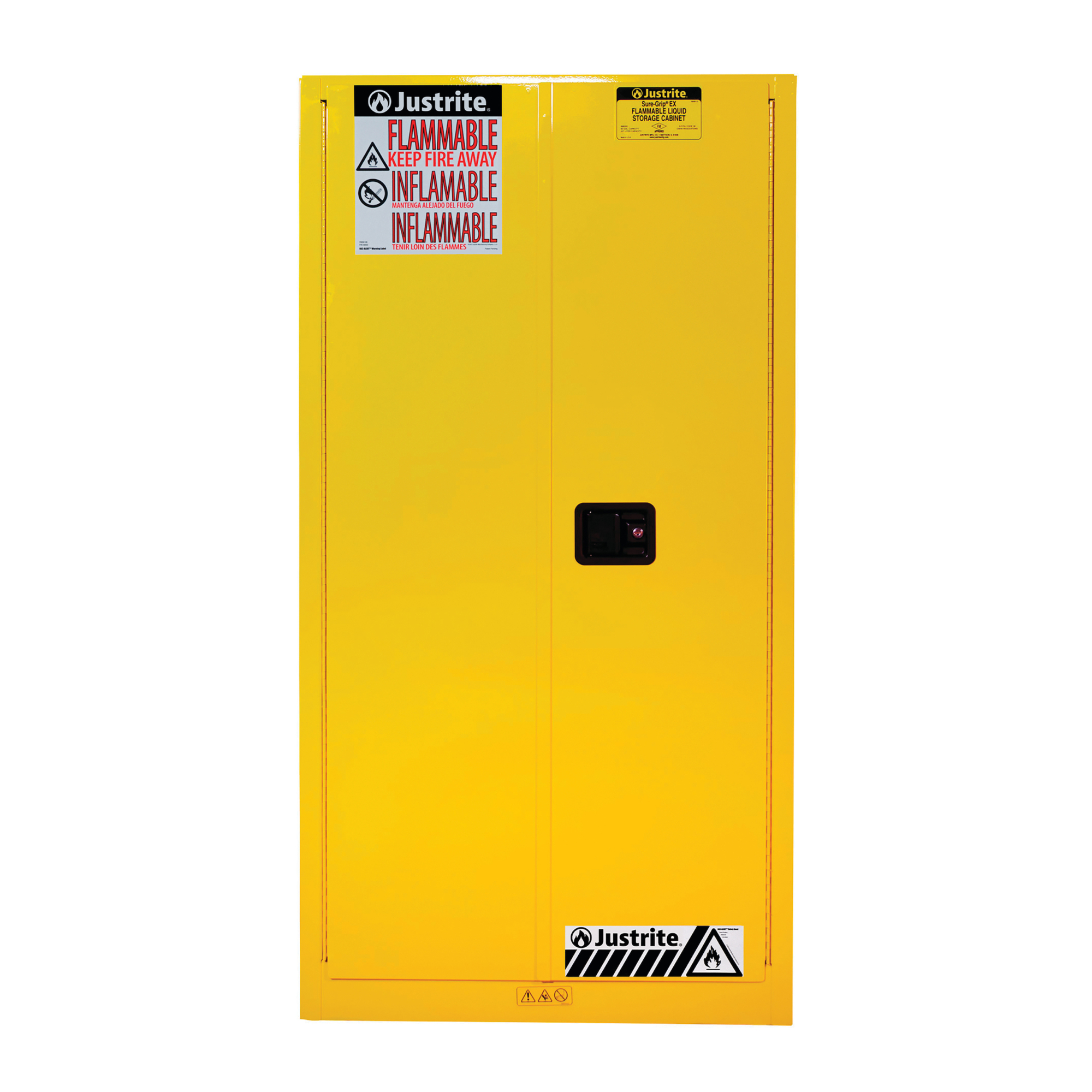 Justrite Flammable Cabinet with Drum Support — 55-Gallon, 1 Drum Vertical, 1 Shelf, 2 Self-Close Doors, Yellow, Model# 896220